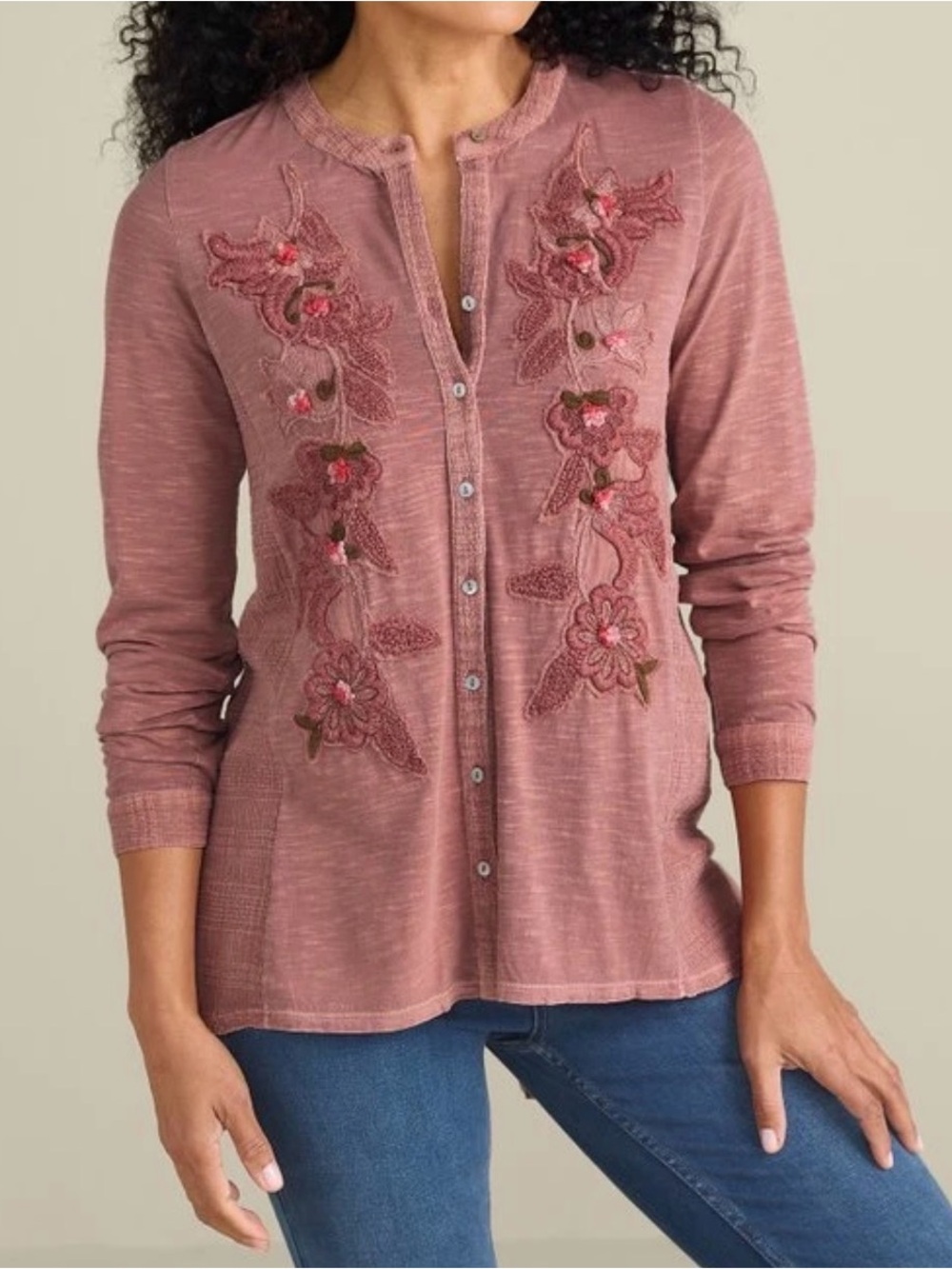 Soft Surroundings L'Enchanté button-up pink tunic shirt size M embroidered